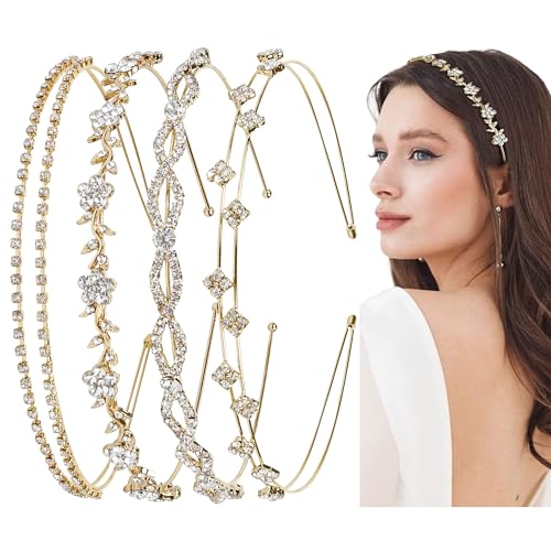 Rhinestone Headbands for Women Silver Bridal Headband Crystal Headpiece | Flower Leaf Girl Tiara Crown Head Band Wedding Hair Accessories for Girls, 4 Pcs - color: Gold