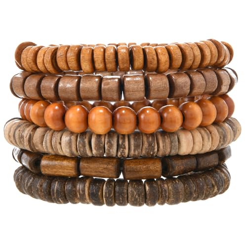 5pcs Wooden Bead Bracelet Set with Charm and Tassel for Men & Women - Stackable Boho Bracelets, Amber Color Scheme Adjustable Bracelet - color: Brown Brown