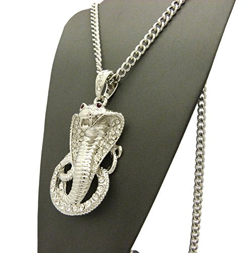 Fashion 21 Pave Red Eye Cobra Pendant 24" Rope, 36" Cuban Chain Necklace in Gold, Silver Tone Plated - style: Silver Tone / 36" Cuban Chain