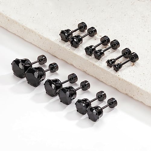 VOLUKA Cubic Zirconia Stainless Steel Screw Flat Back Earring - Hypoallergenic Stud Earrings for Women & Men - 316L Titanium CZ Stud Earrings for Nickel-Free, Trendy & Elegant - color: 6 Pairs- 3-8mm Flat Back -Black
