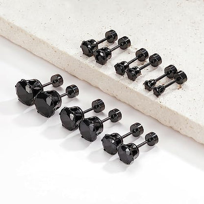 VOLUKA Cubic Zirconia Stainless Steel Screw Flat Back Earring - Hypoallergenic Stud Earrings for Women & Men - 316L Titanium CZ Stud Earrings for Nickel-Free, Trendy & Elegant - color: 6 Pairs- 3-8mm Flat Back -Black