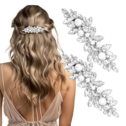 2Pcs Pearl Hair Clips for Women, Silver Bridal Barrettes | Vintage Wedding Hairpins, Silver Sparkly, Crystal Hair Clips for Bridal Brides Wedding - style: Rhinestones+Pearl