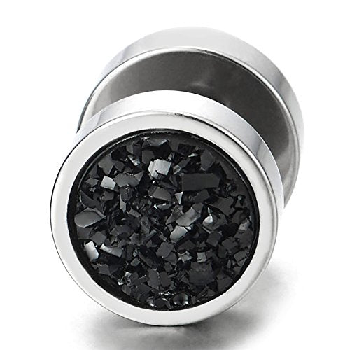 10mm Women Mens Black Circle Stud Earrings Black Glitter, Steel Cheater Fake Ear Plugs Gauges Tunnel - color: Metal color: Silver; Stone color: Black