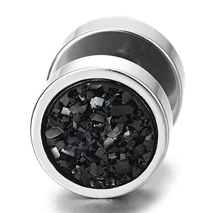 10mm Women Mens Black Circle Stud Earrings Black Glitter, Steel Cheater Fake Ear Plugs Gauges Tunnel - color: Metal color: Silver; Stone color: Black