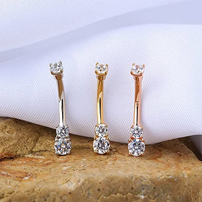 OUFER 14K Solid Gold Belly Navel Button Ring Clear 5A Cubic Zirconia Design Belly Rings Piercing Jewelry - color: white gold