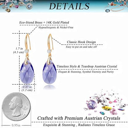Austrian Crystal Teardrop Dangle Drop Earrings for Women 14K Gold Plated Hook Earring Hypoallergenic Jewelry Gifts for Women Girls - color: Tanzanite