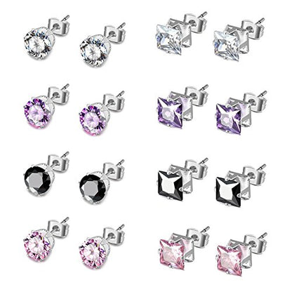 JewelrieShop Women Stud Earrings Set Tiny Small Colorful Earings Stainless Steel Post Earrings Hypoallergenic CZ Birthstone Ear Studs (8 pairs,4mm,Round,Square CZ)