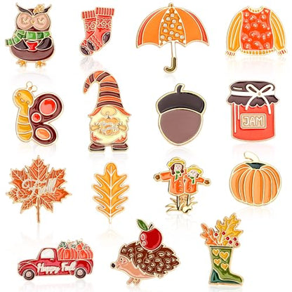 SANNIX 15Pcs Fall Pins, Autumn Enamel Pins Bulk Thanksgiving Lapel Pins Pumpkin Maple Leaf Brooch Pins for Fall Party Favors Clothes Bags Hats Accessories, 15 Styles - style: Fall Pin