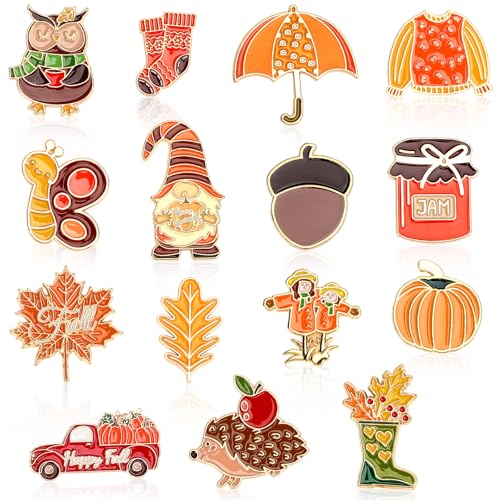 SANNIX 15Pcs Fall Pins, Autumn Enamel Pins Bulk Thanksgiving Lapel Pins Pumpkin Maple Leaf Brooch Pins for Fall Party Favors Clothes Bags Hats Accessories, 15 Styles - style: Fall Pin