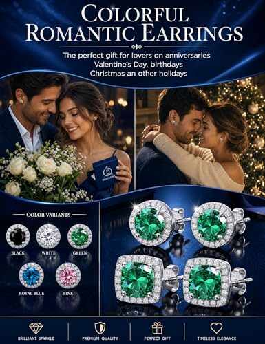 2 Pairs S925 Sterling Silver Stud Earrings for Women Halo Cubic Zirconia | 14K Gold Plated Hypoallergenic Non Tarnish Round Square Silver Stud Earring for Women Men Dainty Trendy Jewelry - style: Silver-Green Stone