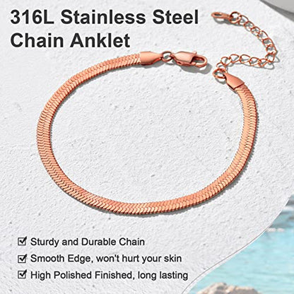 Adjustbale Link Chain Anklet for Women Summer Jewelry, 316L Stainless Steel Figaro/Wheat/Twist Rope/Cuban Foot Bracelet-Waterproof, Resizable 9"-12" (Gift Box Included) - color: 6, Herringbone - Rose Gold-5mm