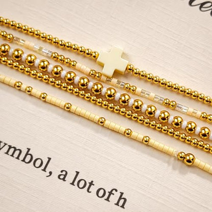 Gold Bracelets for Women, Beaded Cross Stack, Non Tarnish Set，Set-1 | Gold Beaded Bracelet Stack with Stretch Fit, Waterproof Finish and Dainty Design for Everyday Wear and Gifts - color: Colors-7