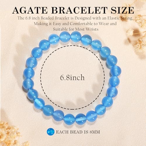 Agate Round Beaded Bracelet for Women Men Natural Agates Stone Healing Bracelets Stretch Elastic Handmade Polished Gemstone Beads Bracelet - color: Blue-1, size: 8mm Beads