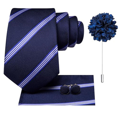 Hi-Tie Men's Silk Ties Formal Woven Classic Necktie Pocket Square Cufflinks Lapel Pin Set Wedding Business - color: B Navy Blue