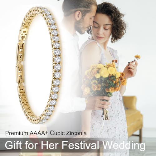 Stainless Steel Adjustable CZ Tennis Bracelet for Women Men | 14K Gold Plated, Round 3mm/4mm/5mm AAAA+ Cubic Zirconia, Dainty Classic, Festival Wedding Jewelry Gift - color: Gold, size: CZ 4mm