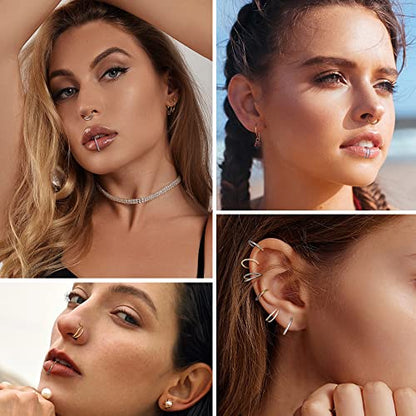 Dochais 4PCS 18G Nose Rings Hoops, Surgical Steel Earrings Tragus Septum Piercing CZ Clicker Ring, Hinged Segment Conch Lip Cartilage Double Hoops 8mm 10mm for Women Men - color: Silver, size: 18G(1.0mm),8mm