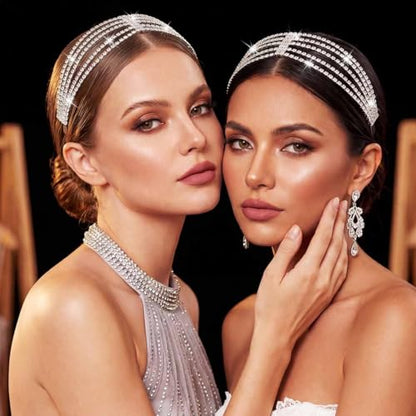 BARTOSI Rhinestone Head Chain Silver Bridal Headpiece Accessories Women | Forehead Wedding Headband Elastic Crystal Hair Band Sparkly Prom Hair Jewelry - color: A-Silver