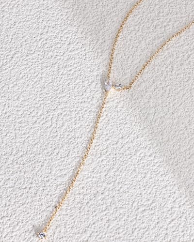 14k Gold Plated Y-Shaped Lariat Necklace for Women Dainty Cubic Zirconia Long Drop Necklace Elegant Jewelry Gifts for Prom Vacation
