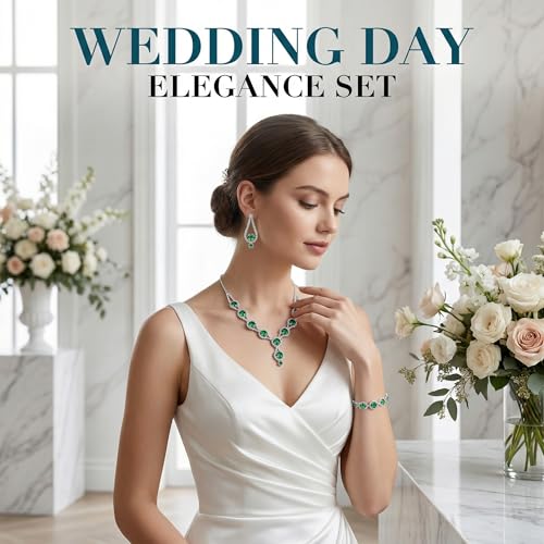 Silver Plated Necklace Earrings Bracelet Crystal Bridal Wedding Jewelry Sets for Wedding princess birthday party Halloween Prom Pageant Jewelry - color: 2-green