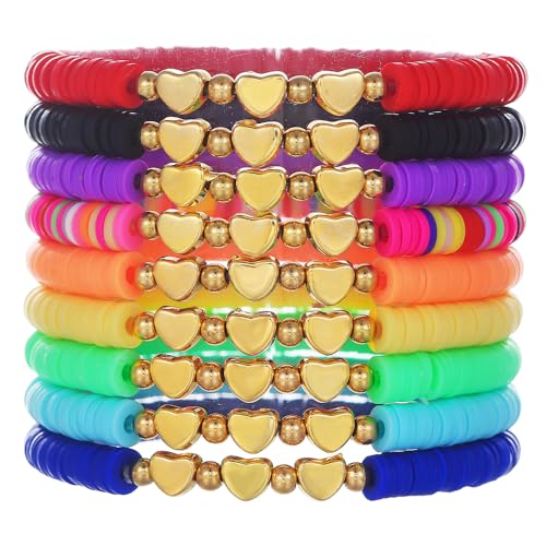 Friendship Bracelets for Women - Heishi Surfer Colorful Smile Evil Eye Clay Beaded Stretch Bracelets Elastic Layering - Stackable Boho Disc Y2K Aesthetic Summer Jewelry Set. - color: 3heart-9pc-Colorful