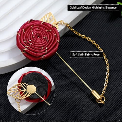 Gold Lapel Pin for Men, Gold Foil Brooch Men's White Flower Satin Lapel Pin with Metal Chain for Suits Professional Tuxedo Groom Wedding Brooch - color: Wine Red