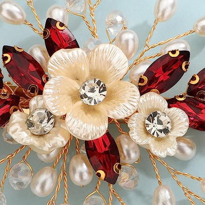 Xerling Wine Red Rhinestones Crystal Flower Hair Barrettes Clip Boho Bridal Pearl Hair Jewelry Accessories for Women Wedding Floral Headpieces (Wine Red) - color: Wine Red