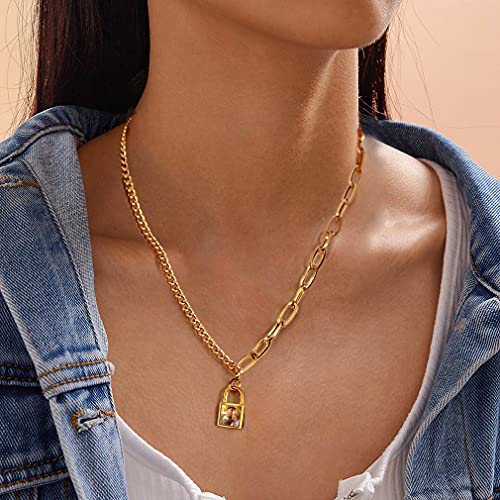 Custom4U Personalized Photo Necklace - Custom Heart/Oval/Round Charm Necklaces with Picture + Chain Adjustable - Stainless Steel/Acrylic Pendant Memorial Jewelry Christmas Gifts for Women - color: G-Gold Color