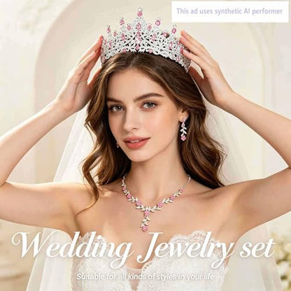 Kamirola Tiaras and Crowns for Women,Tiaras Earrings Necklace, Crystal Bridal Jewelry Set (TR48) - color: Pink Silver