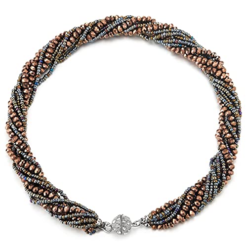 COOLSTEELANDBEYOND Multi-Layer Beads Crystal Braided Chain Choker Collar Magnetic Clasp,Statement Necklace, Bracelet - color: I-Necklace Brown 18K Gold-Plated Color
