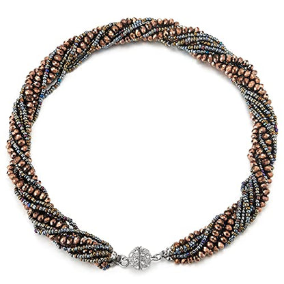 COOLSTEELANDBEYOND Multi-Layer Beads Crystal Braided Chain Choker Collar Magnetic Clasp,Statement Necklace, Bracelet - color: I-Necklace Brown 18K Gold-Plated Color