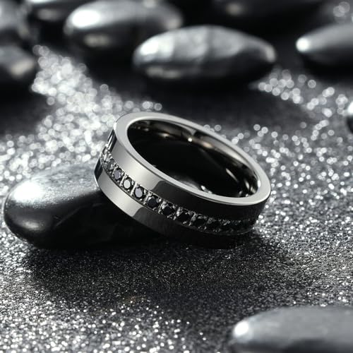 King Will Mens Tungsten Wedding Band with Cubic Zircon Inlay 7mm/8mm Flat Cut Comfort Fit Engagement Rings - color: Gunmetal&Black