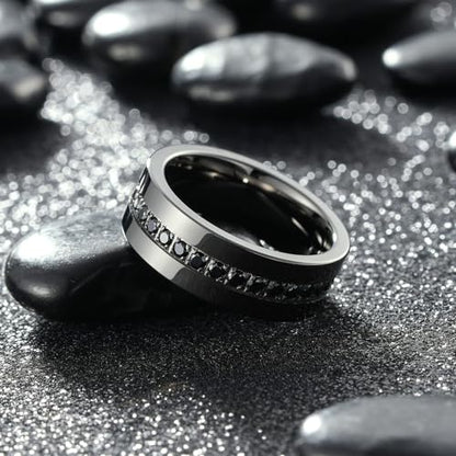 King Will Mens Tungsten Wedding Band with Cubic Zircon Inlay 7mm/8mm Flat Cut Comfort Fit Engagement Rings - color: Gunmetal&Black