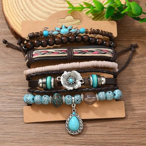 Western Outfits for Women Turquoise Western Bracelets Bohemian Vintage Stackable Beaded Leather Bracelets Adjustable Hand-woven Layered Bracelet Western Country Concert Jewelry for Women - style: Turquoise Flower