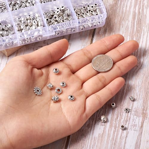 Craftdady 600Pcs Antique Silver Spacer Beads 12 Styles Tibetan Metal Barrel Tube Bicone Flat Round Snowflake Pumpkin Bead Spacers for Jewelry Making Hole: 2-3mm - color: 12 Styles, 600Pcs, Antique Silver
