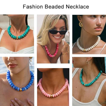 Beaded necklace for Women Boho Bead Gemstone Chunky Necklace Big Bead Necklace Fashion Trendy Summer Necklaces Jewelry Gifts - color: Turquoise&GD Beaded