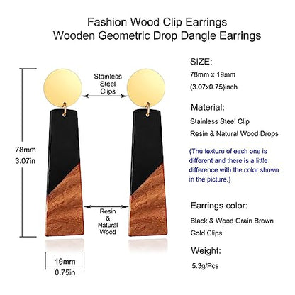 Wooden Geometric Clip On Earrings Women Gold Black Wood Non Pierced Ears Dangle Drop Earrings Triangle Leaf Comfortable Clip Earrings Jewelry - color: Trapezoid_Black+Gold