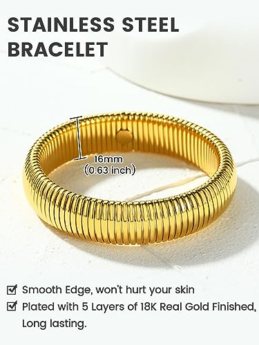 KeyStyle Bangle Bracelets For Women, Stainless Steel Stretch Bracelet Wide | 14K Gold/Rose Gold/Black/Silver Plated Flexible Wide Twisted Link Chain Wristband Jewelry, 10Mm, 16Mm, 20Mm - color: 16mm - Gold