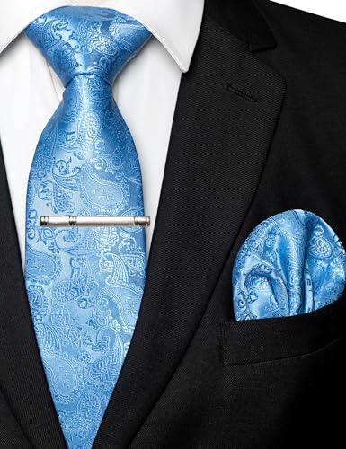 JEMYGINS Mens Solid Color Paisley Necktie and Pocket Square with Tie Clip Sets - color: Baby Blue