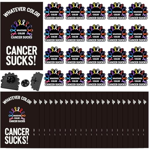 Sayglossy 30 Sets Cancer Awareness Lapel Pins Bulk Whatever Color Cancer Sucks Enamel Pins on Card Colorful Ribbon Brooch Nurse Gifts Badge for Clothing Hat Decorations Breast Cancer Support Gift - style: Cancer Awareness