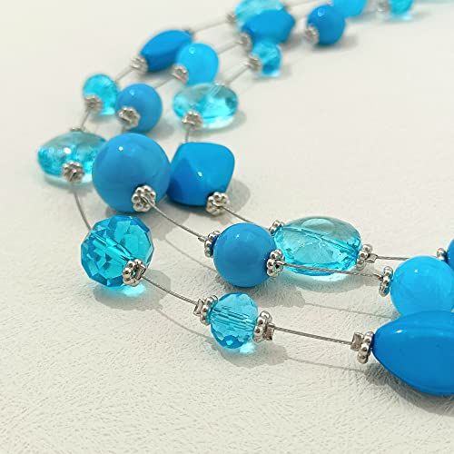 Coiris 3 Layers Illusion Wire Beaded Statement 19.5" Necklace for Women - color: N0005-Sky Blue