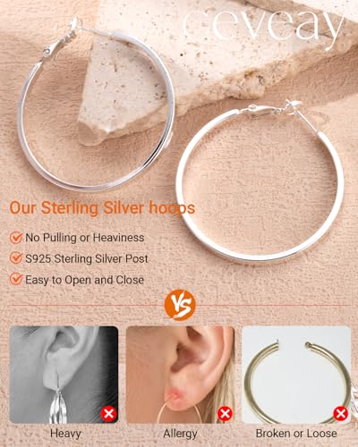 Lightweight 925 Sterling Silver Post Hoop Earrings for Women | 3mm Wide Hypoallergenic Thin Large Hoop Earrings for Women Gift 30/40/50/60mm - size: 30mm Silver
