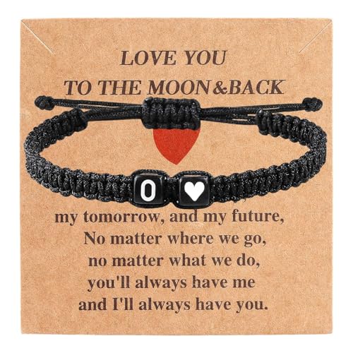 Valentines Day Gifts for Him Her Heart Love Letter Initial Matching Couple Bracelets for Women Men Teen Gifts Best Friend Graduation Birthday Gifts A-Z Braided Bracelet Son Daughter Dad Jewelry - color: Black-O