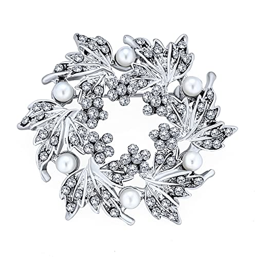 Faux White Pearl Wreath Circle Statement Brooch Pin Crystal Accent for Lapel & Scarf