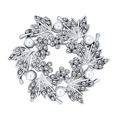 Faux White Pearl Wreath Circle Statement Brooch Pin Crystal Accent for Lapel & Scarf