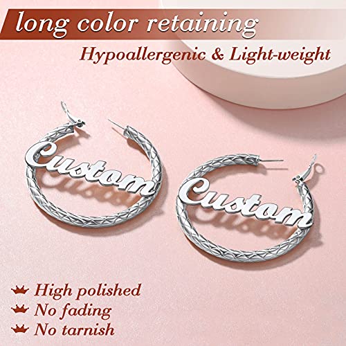 FindChic Chunky Hoop Earrings for Women, Silver/Black/14K Gold Plated Crossover Patterned Hollow Tube Rounded Loop Earrings, 30mm/40mm/60mm/80mm Hoops with Custom Name Options and Gift Box - color: e.Silver (Custom Name), size: 60MM
