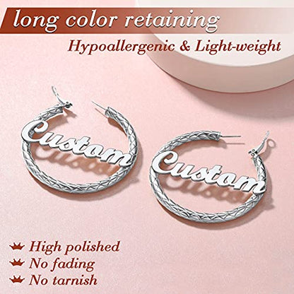 FindChic Chunky Hoop Earrings for Women, Silver/Black/14K Gold Plated Crossover Patterned Hollow Tube Rounded Loop Earrings, 30mm/40mm/60mm/80mm Hoops with Custom Name Options and Gift Box - color: e.Silver (Custom Name), size: 60MM