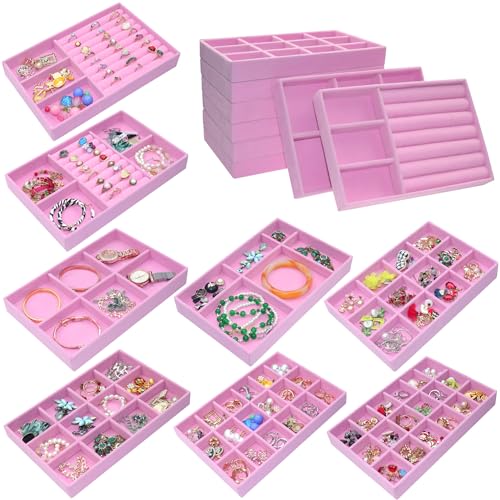 Stackable Jewelry Organizer Trays 8 Set, X-Large Jewelry Display Case Storage for Earring Necklace Rings Bracelet Watch with Removable Dividers - color: PINK, size: X-Large