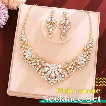 Yonamix Gold Jewelry Set Wedding Rhinestone Necklace Sets for Women | Formal Prom Dinner Party Gala Night Crystal Flower Necklaces Earrings - color: A Gold