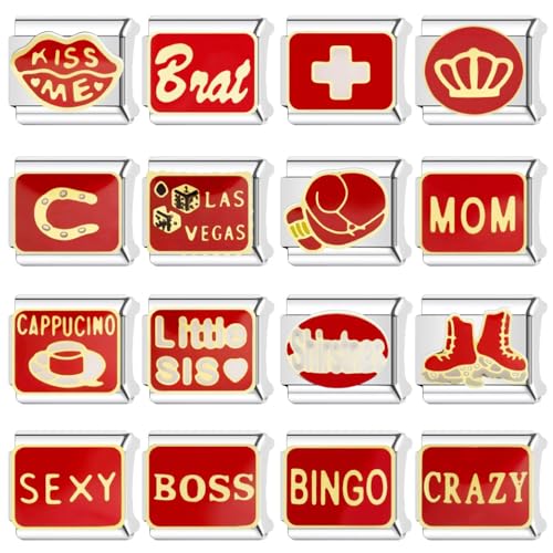 Italian Charms Bracelet Sets Heart Brascelet,18 of Charms and Opening Tools (8 Random Pattern and 10 Blank Modules) - style: Red Phrase-Silvery