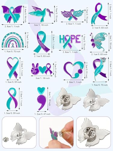 JUNEBRUSHS 28pcs Suicide Prevention Awareness Pins Purple Teal Ribbon Lapel Pins for Suicide Prevention Awareness Teens Adults Children Party Event Favors Decor Accessories - style: Suicide Prevention Awareness Style